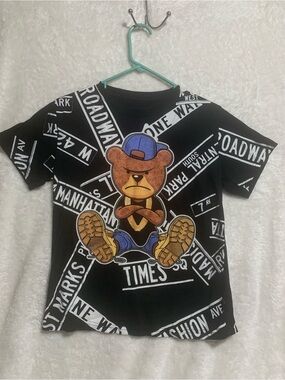 Kids Black Bear Graphic Tee with Street Sign Motif